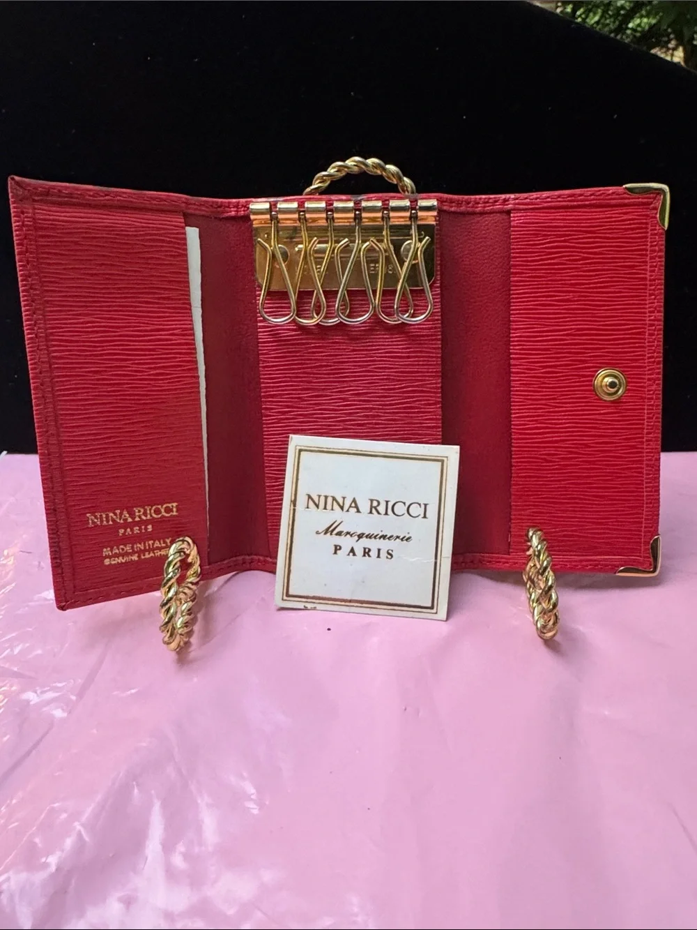 Nina Ricci Red Textured Leather key holder  with Gold Corner Accents